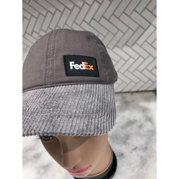 FedEx Corduroy Brim Hat Adjustable Strapback Gray Logo Patch Workwear Trucker - Picture 2 of 7